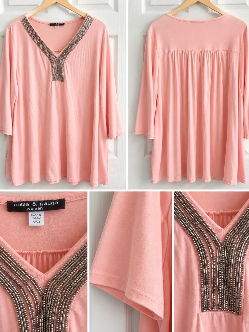 Cable & Gauge Blush Pink V‑Neck Beaded Tunic